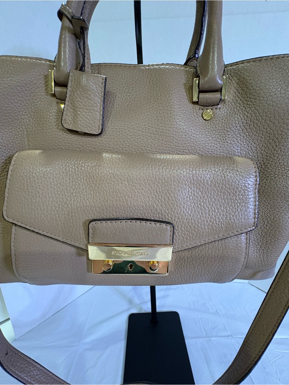 Michael Kors Taupe Pebbled Leather Shoulder Tote with Gold Hardware